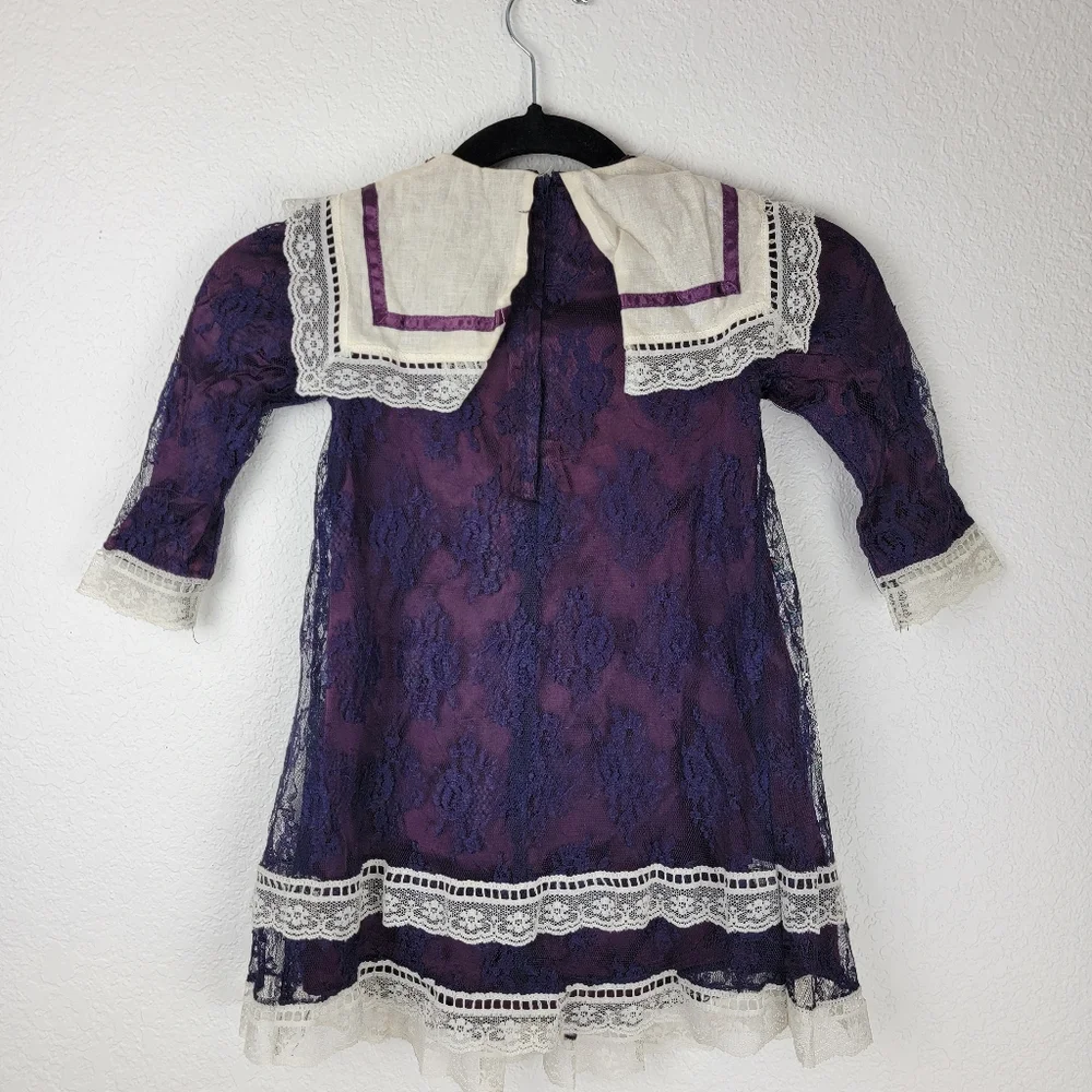 Gunne Sax Vintage Victorian Toddler Dress Lace Long Sleeve Purple Blue 4T